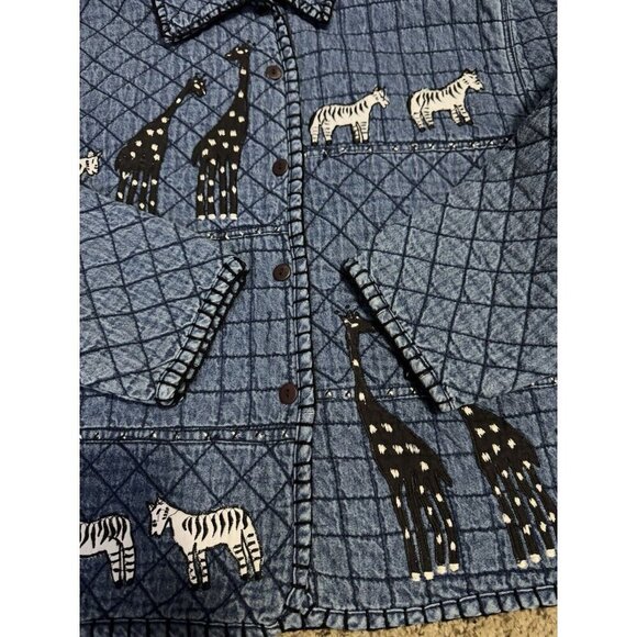 Vintage 90s Giraffe Denim Jacket Womens LARGE Blue Quilted Safari Travel Animal - Picture 7 of 9